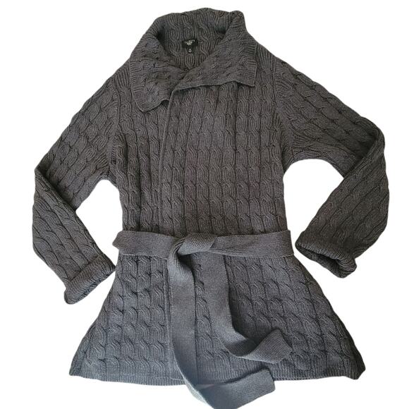 Talbots Petites Gray Cable Knit Cardigan Sweater With Belt Size XL P - Picture 1 of 7